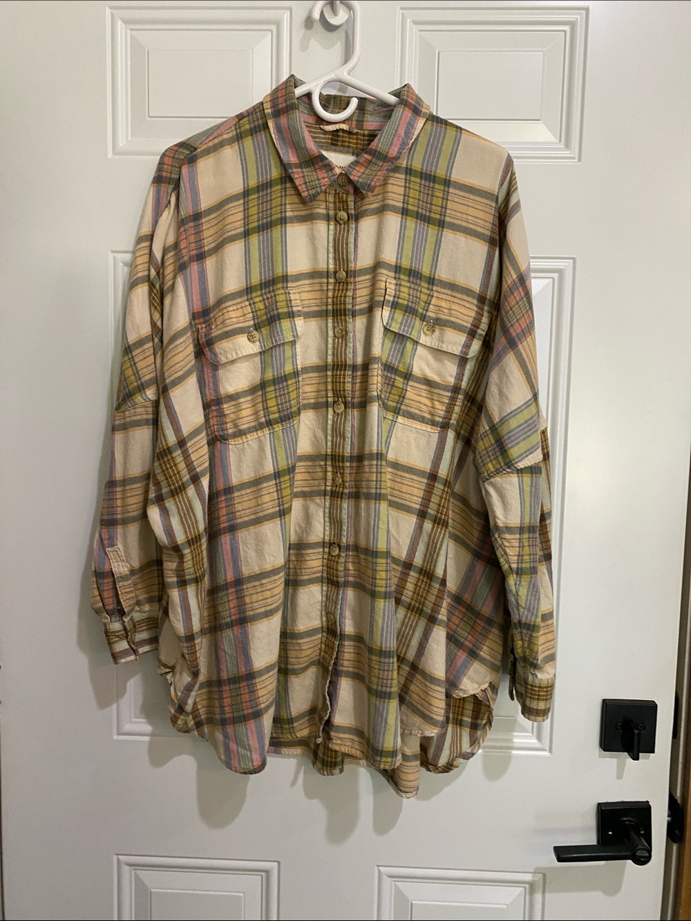 American Eagle Outfitters Cream Plaid Long Sleeve Shirt Dress